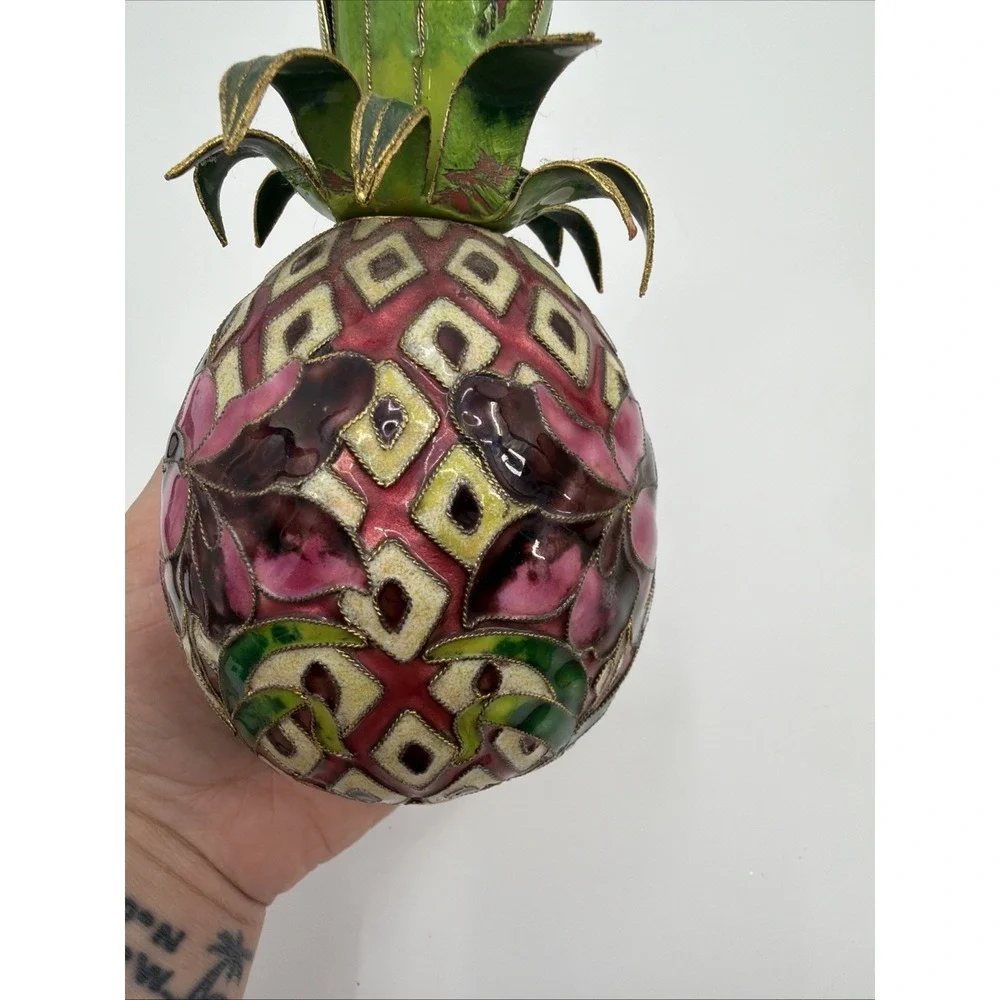 VTG Cloisonné Metal Enamel Pineapple Candle Holder Tropical Decor Purple Iris